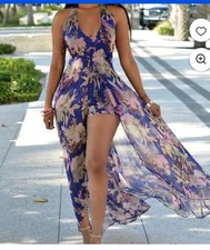 Purple Floral Long Maxi Dress Sleeveless V-Neck Pullover Regular Size XL