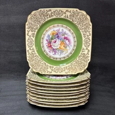 Bohemia Ceramic BOH26 Square Green Gold Filigree Floral Salad Plate 7 7/8 Inches