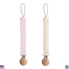 Linen Baby Pacifier Clip Holder 2-Pack | Soft Fabric Strap Blush & Cream