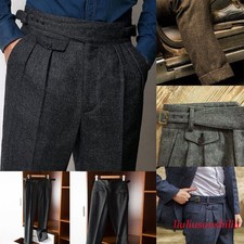 Men Retro Tweed GURKHA Pants Herringbone Wool Trousers Casual Business Suit Pant