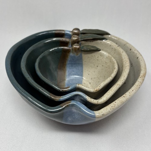Pottery Nesting Bowls Vintage Serving Set of 3 Apple Shaped Studio Art Signed