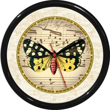 Yellow Black Butterfly Wall Clock on Vintage Sheet Music 0825