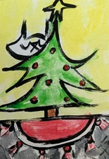ACEO Cat Painting Original Christmas Tree Collectible Folk Art Samantha McLean