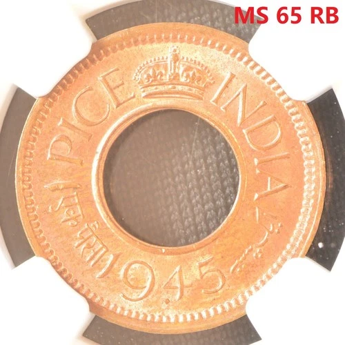 1945(B) INDIA PICE FLAT CROWN, SMALL DOT Copper Coin NGC MS 65 RB