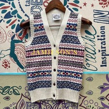 JAMIESON'S Fair Isle Wool Knit Vest M Cream Pink Blue Purple