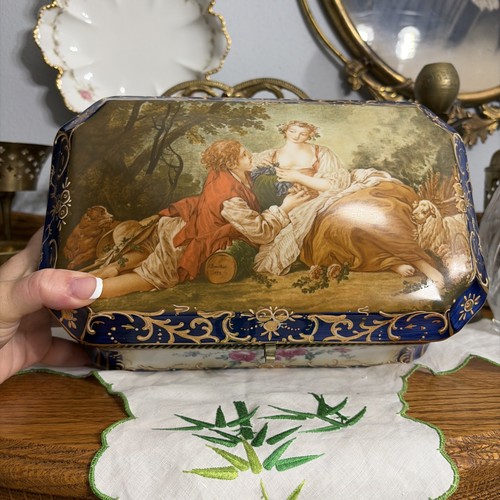 Vintage Royal Vienna Style Porcelain Casket Box Cobalt Blue 10 Inch
