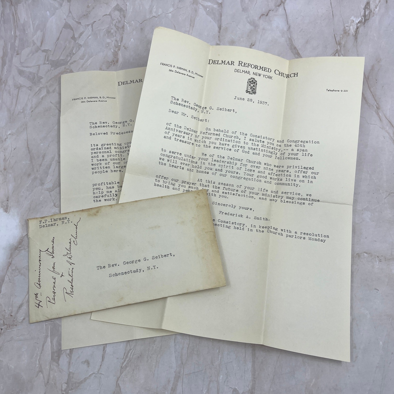 1937 Delmar Reformed Church Letter Rev. George G. Seibert Schenectady NY TG9-E1