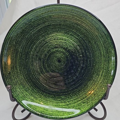 Handmade Fused Art Glass Plate 8.5  Green Concentric Design, Studio Kiln Formed