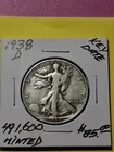 1938-D WALKING LIBERTY HALF DOLLAR. KEY DATE. 491,600 MINTED. 90% SILVER.