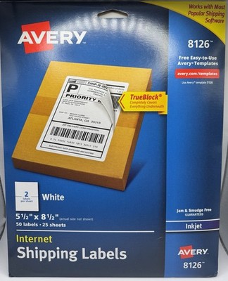 Avery 8126 - InkJet TrueBlock MAIL SHIPPING LABELS - 50 PK Perforated WHT - NEW