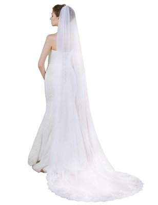 Wedding Bridal Veil with Comb 1 Tier Lace Applique Chapel Length 90'' White
