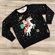 Tipsy Elves Santa Riding Unicorn Space Ugly Christmas Sweater Black XL Unisex