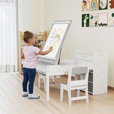 Kids Art Table Set with 2 Chairs Storage Paper Roll Paint Cups Grey