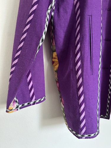 Koos of Course Purple Linen Blend Floral Striped Checker Silk Ribbon Blazer - Picture 3 of 7