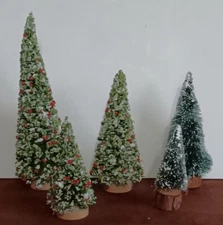 5 pc. Christmas Village Bottle Brush Pine Trees, 3 Confetti/2 Flocked Wood Base