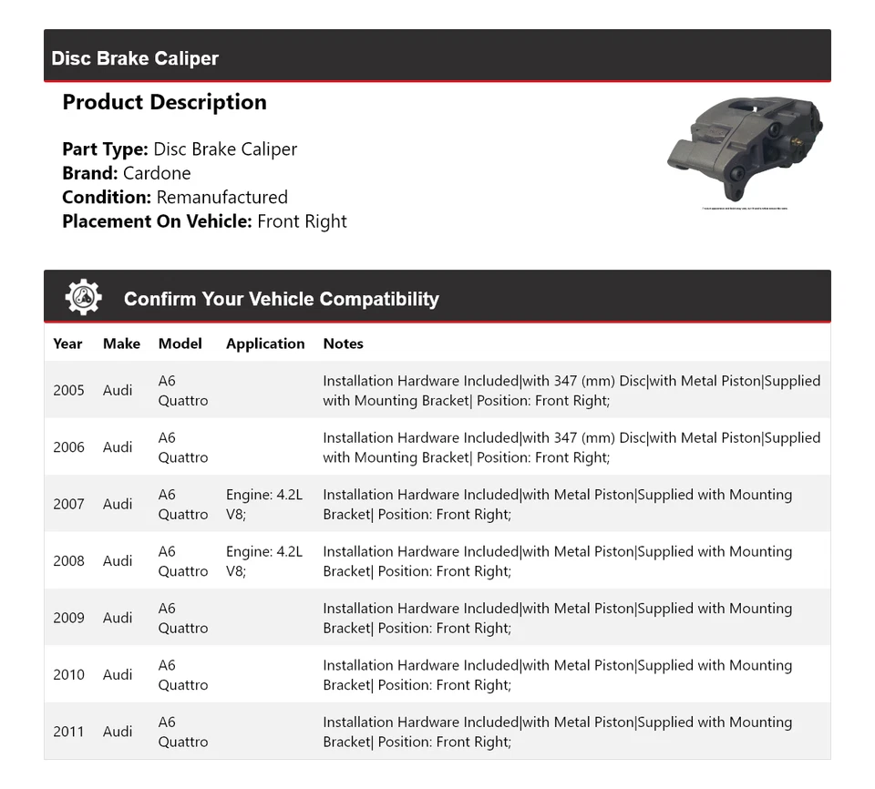 Pinza de freno de disco delantera derecha cardone 2006 2007 para Audi A6 Quattro 2005-2011 Foto 2 de 4