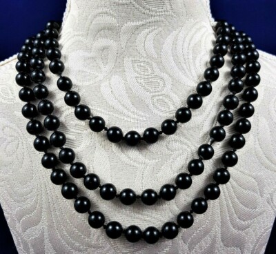 Collier Sautoir Ancien En Perles De Verre Noir Nouées - Bijou Vintage Ethnique / V150