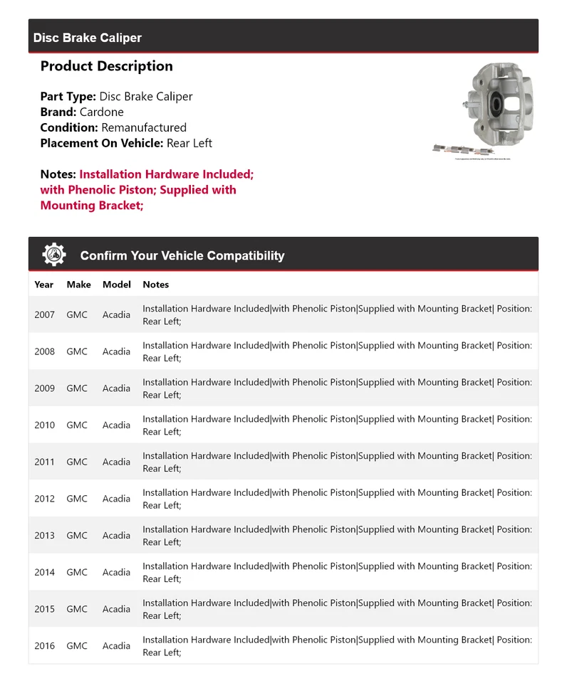 Pinça de freio a disco traseira esquerda Cardone 2008 2009 2010 para 2007-2016 GMC Acadia - Imagem 2 de 4