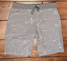 Travis Mathew Men's 10" Swim Trunks Board Shorts Gray Whale Flying Fish Size 30