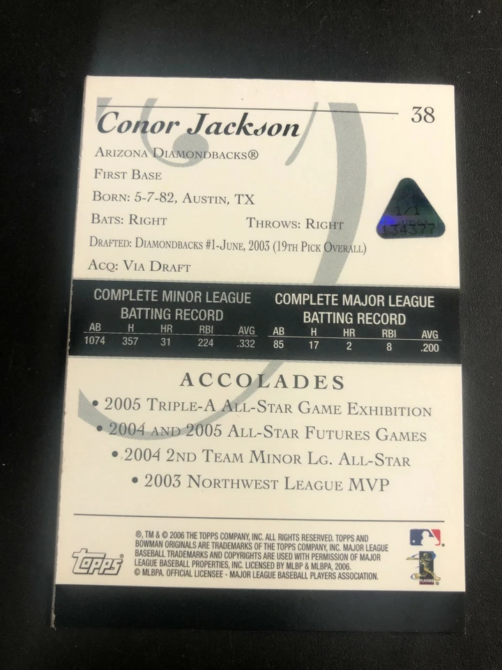 КОНОР ДЖЕКСОН 2006 Bowman Originals 1/1 дебютант печатная пластина ПУРПУРНЫЙ карта #38 - Изображение 3 из 3