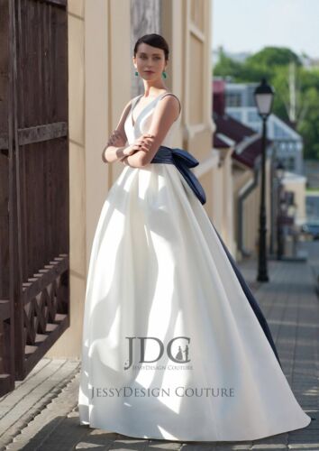Klassisches Satin Brautkleid Blau Schleife Maßanfertigung Gr.32-48 Standesamt - Bild 2 von 8