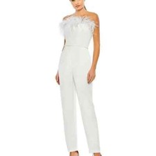 Ieena Mac Duggal White Feather Trim Strapless Jumpsuit Size 14 398