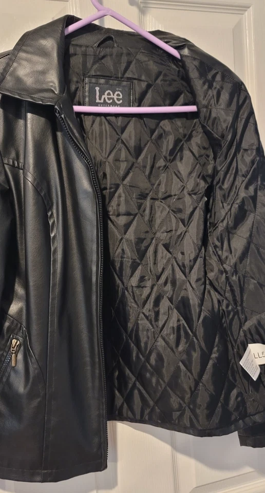 Lee Black Faux Leather Zip Front Jacket Zippered Pockets Small - Image 2 of 4