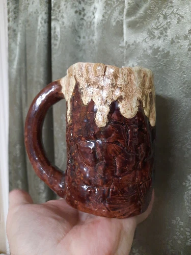 Vintage Folk Art Redware Pottery Frosty Mug Stein Signed Unusual Decor PA OOAK