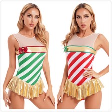 Womens Christmas Costume Ruffled Leotard Stripe Xmas Bodysuit Camisole Dresses