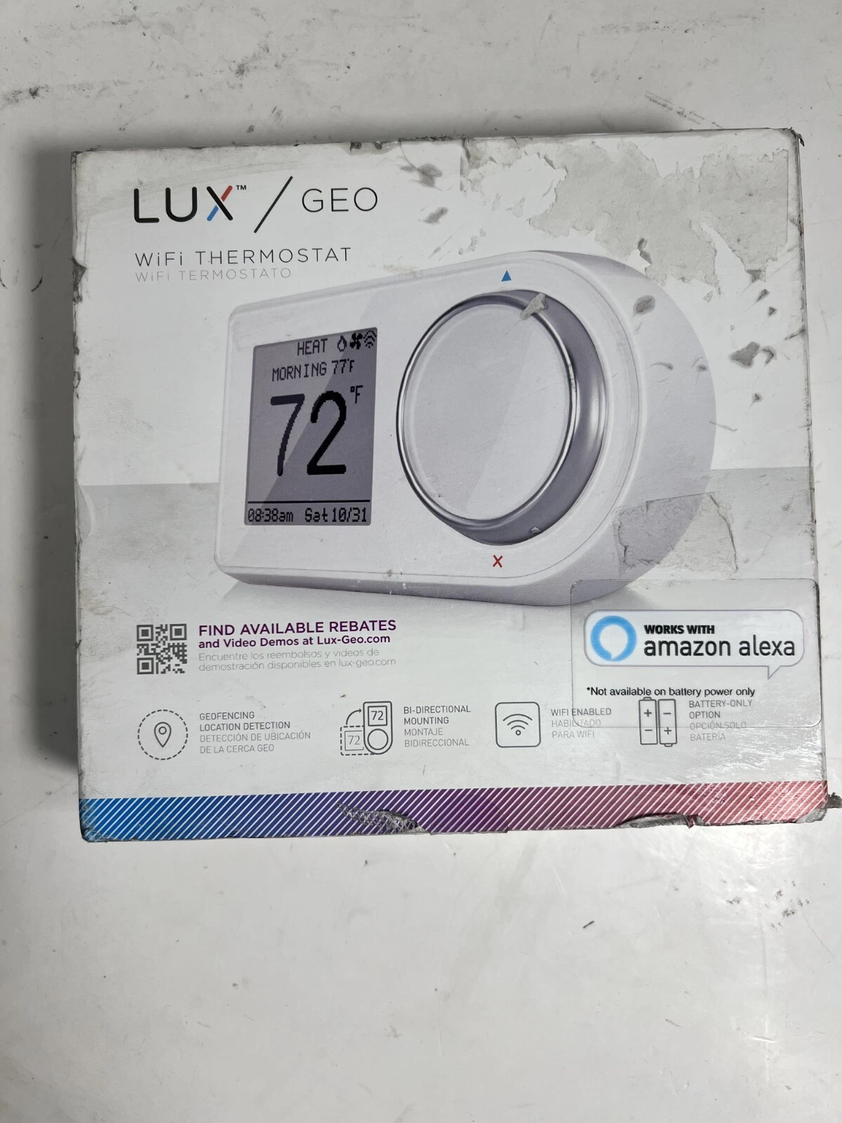 Lux GEO-WH Wi-Fi Thermostat White Alexa Wheel Battery Only Option OPEN BOX NICE!