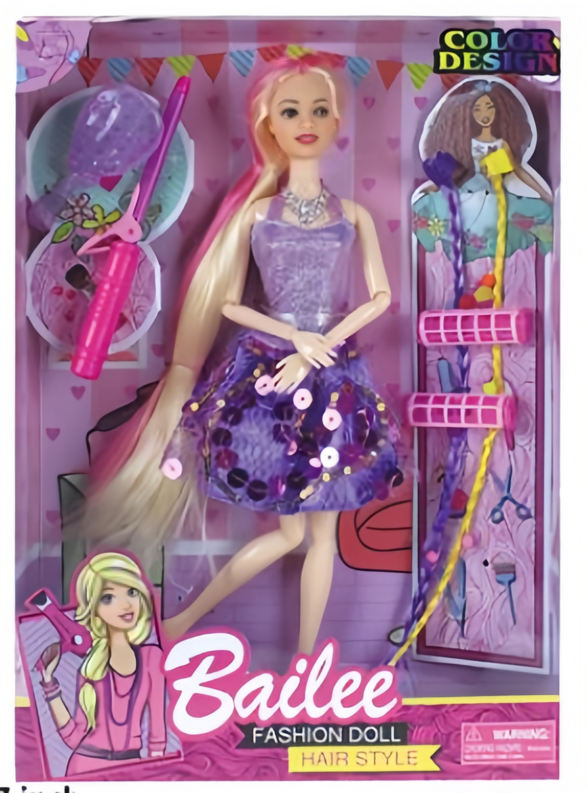 Bailee Fashion Doll Hair Styling Set-Color Design Assorted Dresses and Accessory