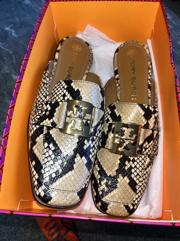MOCASÍN SIN RESPALDO Tory Burch GEORGIA Plano Estampado Serpiente Pálido Desierto Roccia 10 Nuevo en Caja
