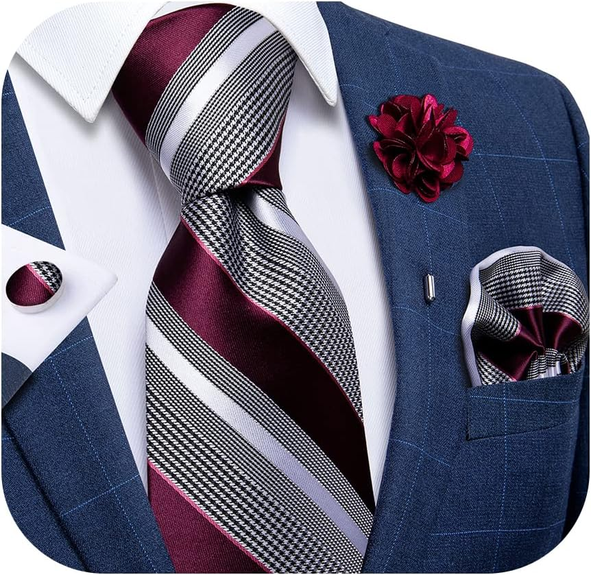 Silk Ties for Men Necktie and Lapel Pin Brooch Set Formal Woven Paisley Plaid St