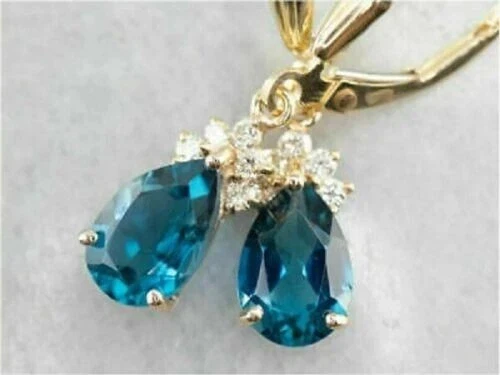 Simulated 4Ct Pear Cut London Blue Topaz Dangle Earring 14K Yellow Gold Plated - Image 2 of 4