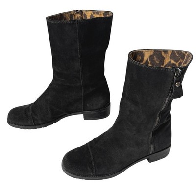 Stuart Weitzman Black Suede Boots 8.5 - Side Zip, Leopard Lined, Made in Spain