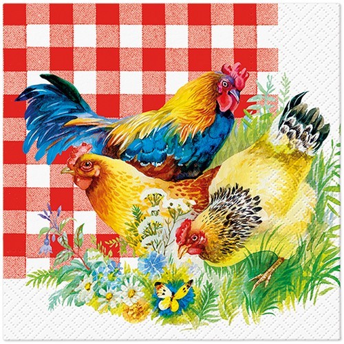 20 Servietten Chicken Couple HüHner Tiere Bauernhof Landhaus Kariert Rot 33X33Cm-image