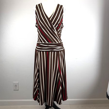 BCBG MaxAzaria Striped Surplice V-Neck Stretch Sleeveless Brown Dress L