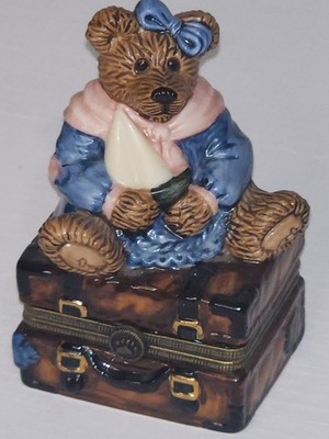 VTG Bearware Pottery Box Hinged Suitcase Teddy Bear Figurine w/Mini Ceramic  