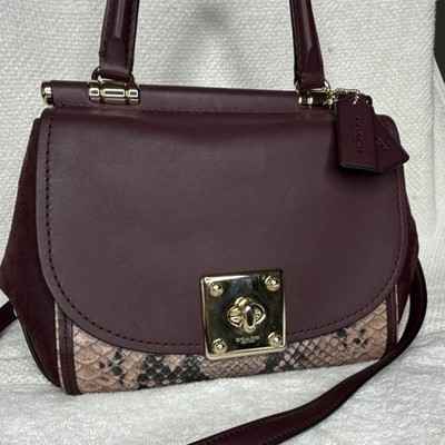 Coach Bordeaux Snake Print Satchel Top Handle Bag Gold Hardware Detachable Strap