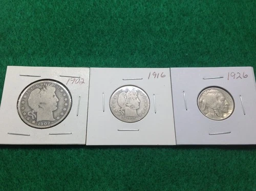 Silver 1902 Barber Half - 1916 Barber Quarter - 1926 Buffalo Nickel