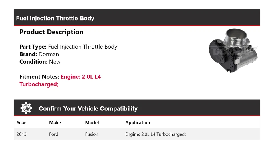 Ford Fusion 2013 2,0 L L4 turboalimentado Dorman carrocería de acelerador de inyección de combustible Foto 2 de 4