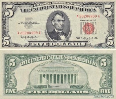 United States: 5 Dollars 1963  Red Seal from USA # A 20284909 A - XF+