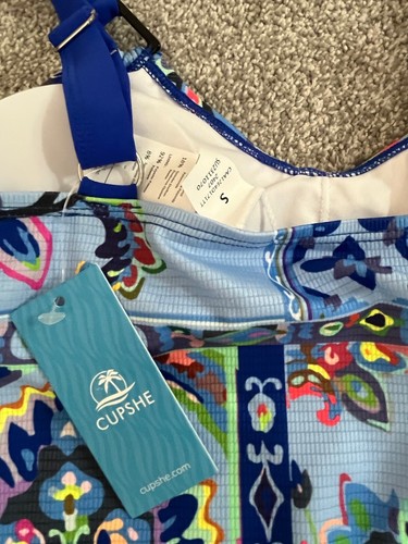 Cupshe Womens Blue & Pink Boho Ruched One Piece Swimsuit Costume S UK 8-10 BNWT - Picture 6 of 9