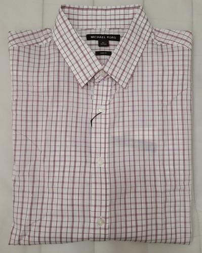 Michael Kors Button Down Dress Shirt Long Sleeve Deep Wine Plaid Slim Fit XL