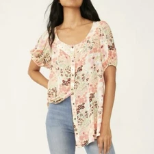 Free People Colorful Artsy Floral Print Draped Short Sleeve Buttondown Tunic Top