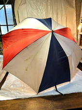Vtg 1970/80's Patriotic 40" Umbrella Red White Blue Striped w Wooden Handle