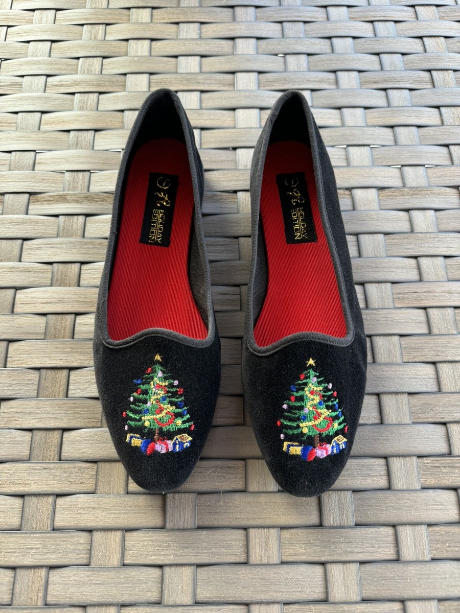 Vintage Womens Holiday Edition Velvet Christmas Tree Embroidered Shoes  Size 7