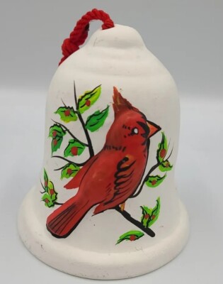 White Christmas Bell With Red Cardinal Bird Winter Holly | eBay