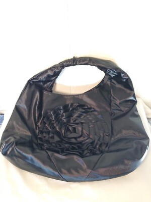 Cato Hobo Shoulder Bag Black Shiny  Large Vinyl Fabric Flower Magnetic Closure 