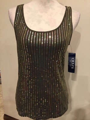 Chaps Sequin Tank Top M-PT Medium Olive green Sleeveless 100% Cotton Tag $60 NWT